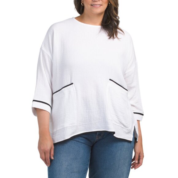 JNY JONES NEW YORK White/black Plus Crinkle Finish Top With Side Pockets - Picture 1 of 2